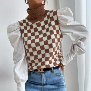 SHEIN checkered brown sweater vest high neck